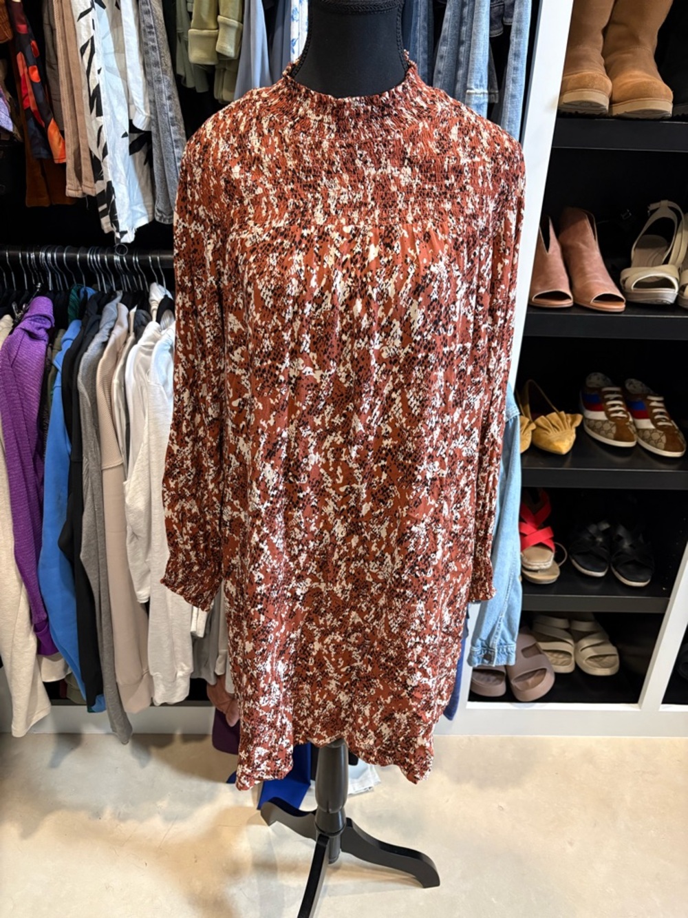 Smocked Neck Brown Animal Print Shift Dress